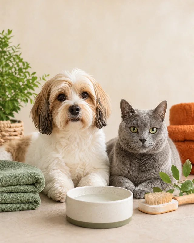 Perro y gato junto a elementos de salud y cuidados